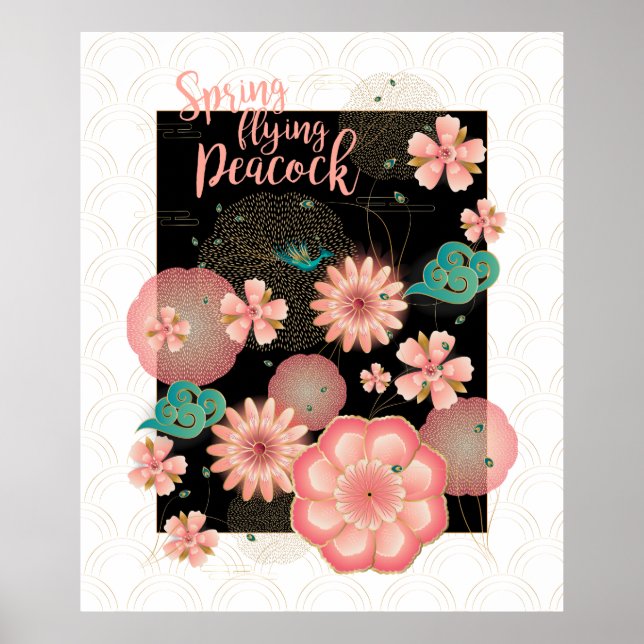 Spring Peach Garden Flying Peacock Floral Ornament Poster (Front)