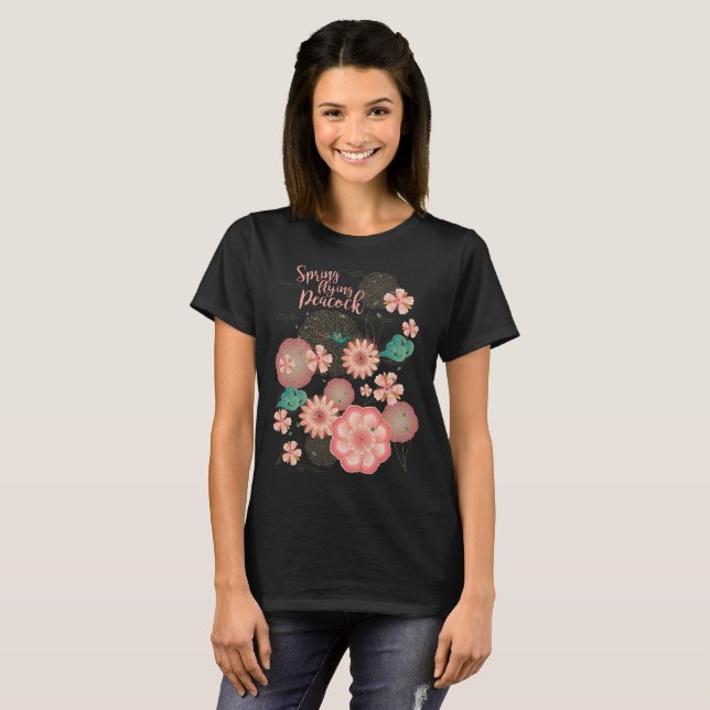 Spring Peach Garden Flying Peacock Floral Ornament T-Shirt (Front Full)