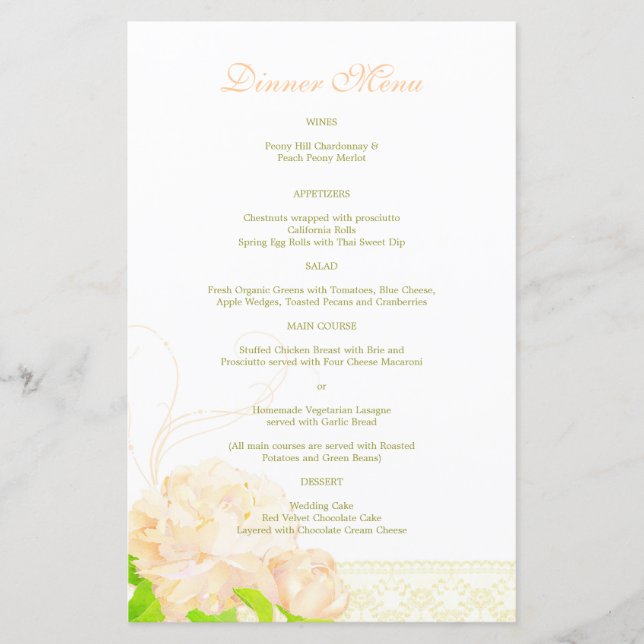 Spring Peach Peony Wedding Dinner Menu (Front)