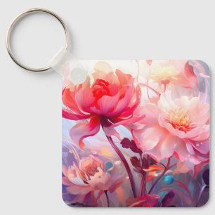 Spring Peony Bloom Garden Watercolor Key Ring
