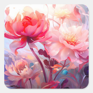 Spring Peony Bloom Garden Watercolor Square Sticker