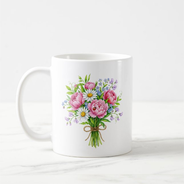 Spring Peony Bouquet Watercolor Ladybug Mug (Left)