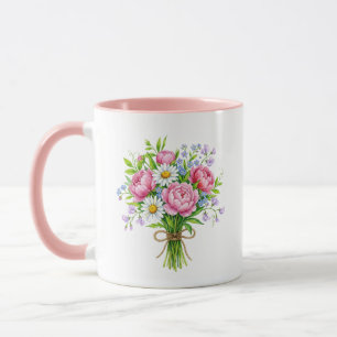 Spring Peony Bouquet Watercolor Pink Accent Mug
