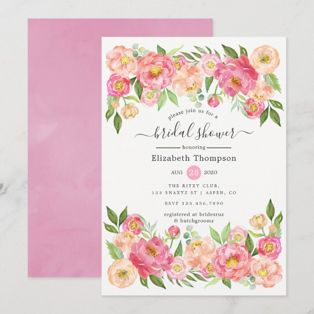 Spring Peony Flowers Bridal Shower Invitation (Front/Back)