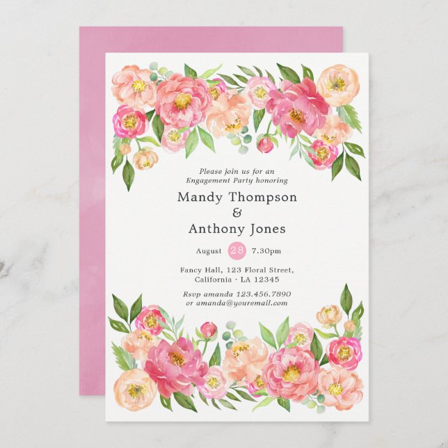 Spring Peony Flowers Engagement Party Invitation (Front/Back)
