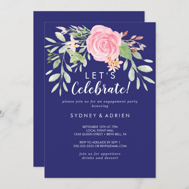 Spring Peony Navy Let's Celebrate Party Invitation (Front/Back)