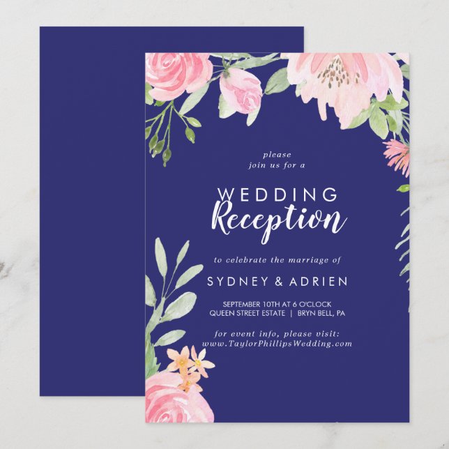 Spring Peony Navy Wedding Reception Only Invitation (Front/Back)