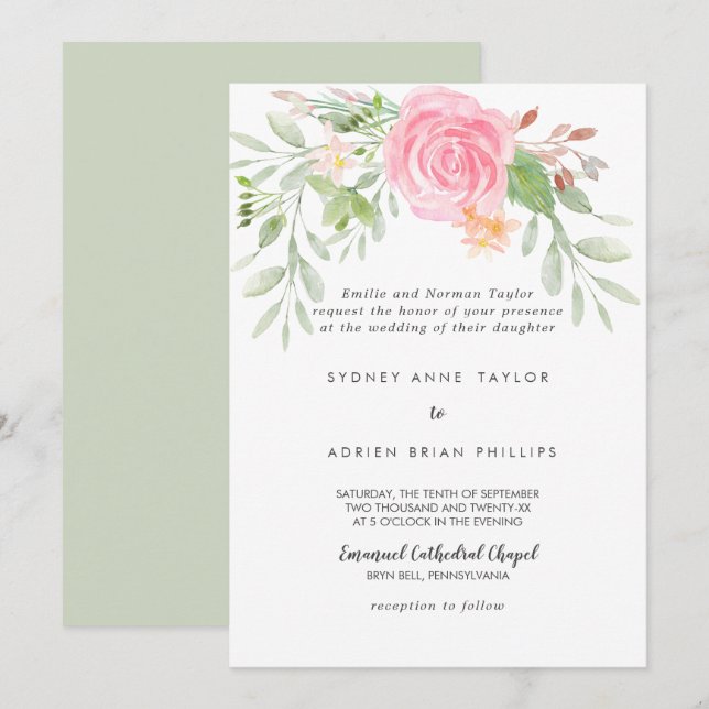 Spring Peony Traditional Wedding Invitation (Front/Back)