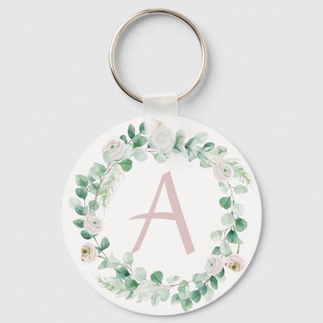 Spring peony wreath with letter customisable key ring (Front)