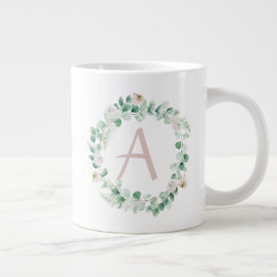 Spring peony wreath with letter customisable large coffee mug