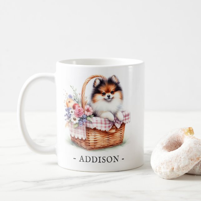 Spring Picnic Pomeranian Mug with Name Template (With Donut)