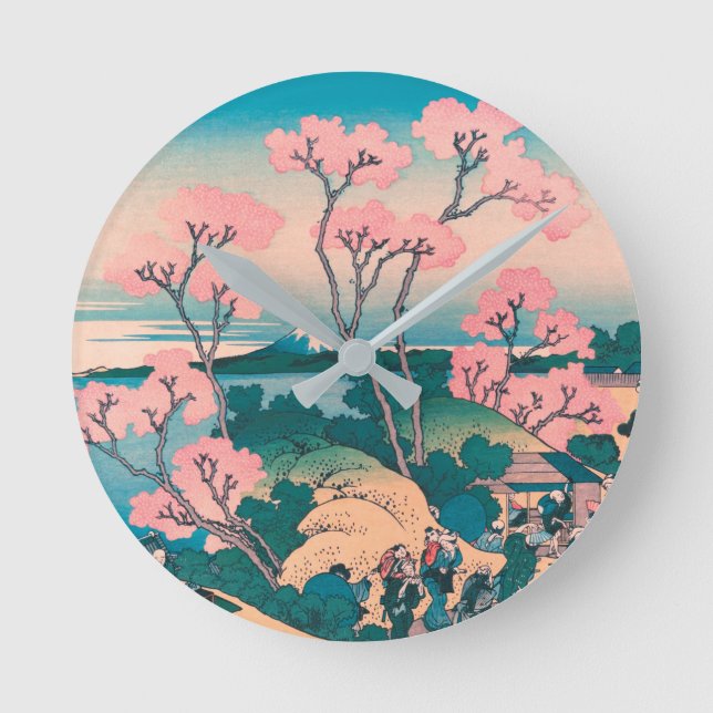 Spring Picnic under Cherry Tree Flowers Mount Fuji Round Clock (Front)