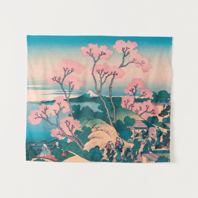 Spring Picnic under Cherry Tree Flowers Mount Fuji Tapestry (Front (Horizontal))