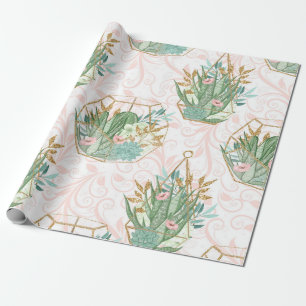 Spring Pink and Mint Glitter Succulents Wrapping Paper