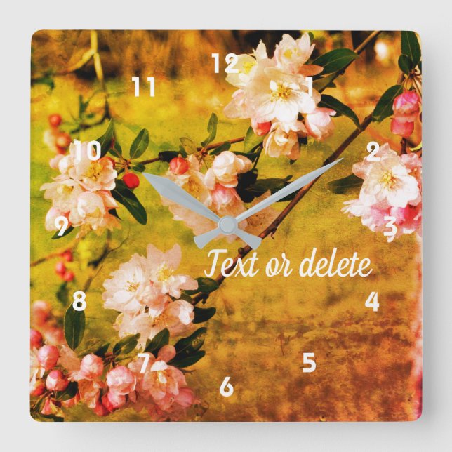 Spring Pink And White Blossoms Art Personalized Square Wall Clock (Front)