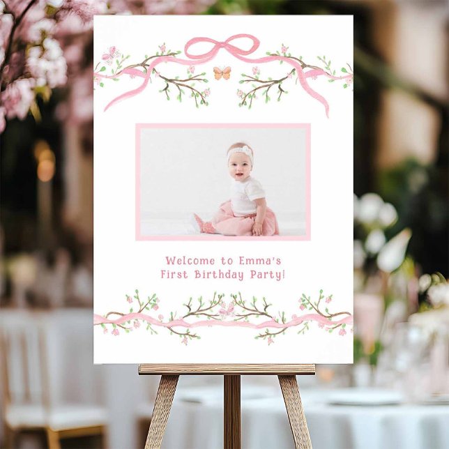 Spring Pink Blossom 1st Birthday Photo Welcome Poster (Creator Uploaded)