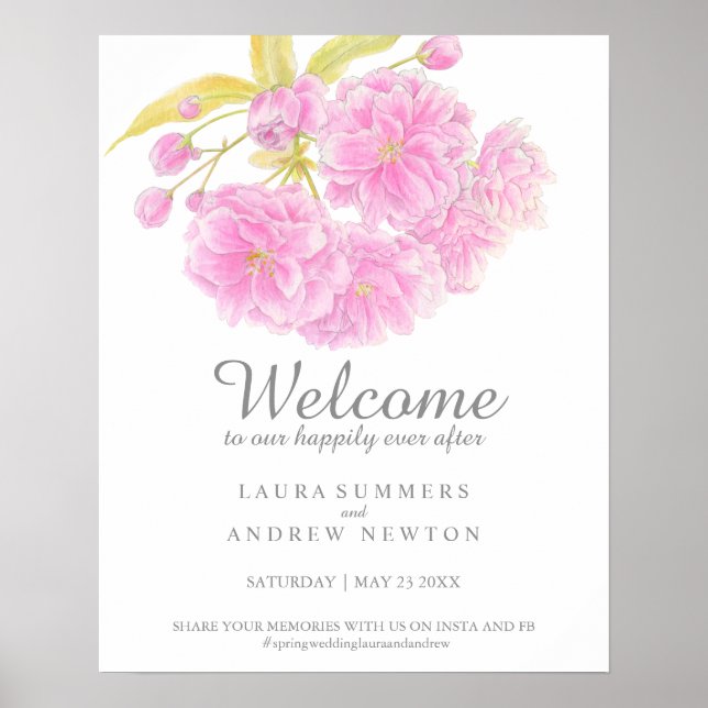 Spring pink blossom wedding welcome poster (Front)