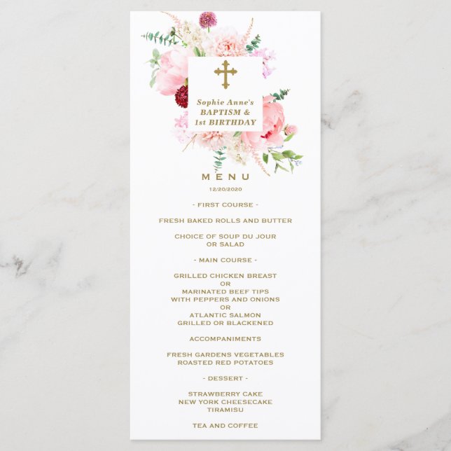Spring Pink Blush Floral 1st Birthday & Baptism Menu (Front)