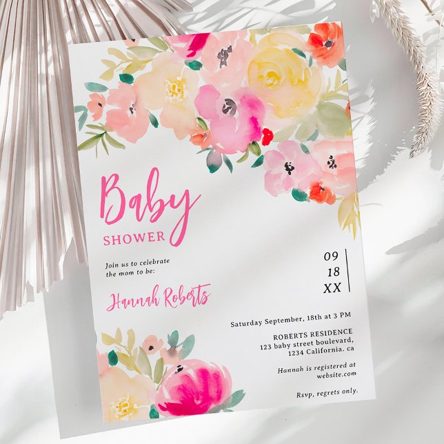 Spring pink boho chic garden floral baby shower invitation (Spring pink boho chic garden floral baby shower invitation)