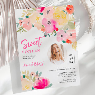 Spring pink boho chic garden floral photo sweet 16 invitation