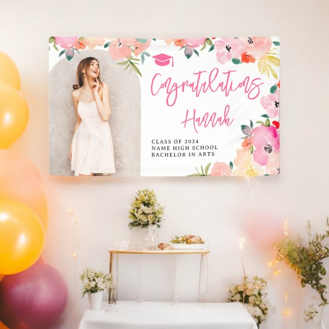 Spring pink boho garden floral graduation congrats banner (Spring pink boho garden floral graduation congrats banner)
