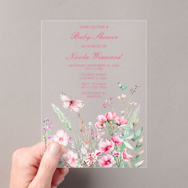 Spring Pink Butterfly Floral Baby Shower Acrylic Invitations (Insitu (Handheld))