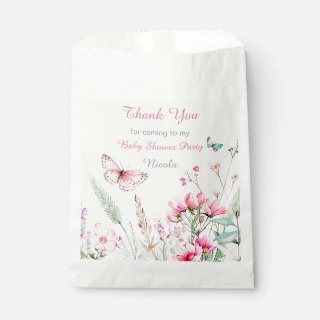 Spring Pink Butterfly Floral Baby Shower Favour Bag (Front)