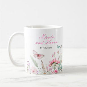 Spring Pink Butterfly Floral Wedding Coffee Mug