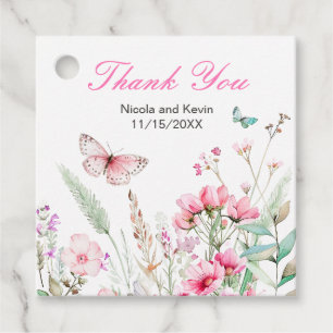 Spring Pink Butterfly Floral Wedding Favour Tags