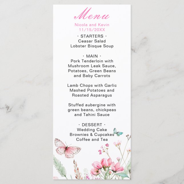Spring Pink Butterfly Floral Wedding Menu (Front)