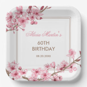 Spring Pink Cherry Blossom Floral Birthday  Paper Plate