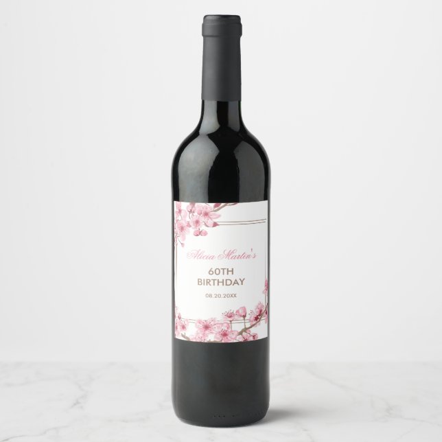 Spring Pink Cherry Blossom Floral Birthday  Wine Label (Front)
