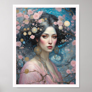 Spring Pink Cherry Blossom Woman Blue Eyes Poster