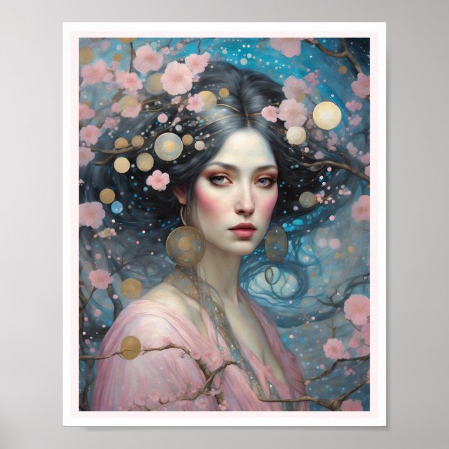 Spring Pink Cherry Blossom Woman Blue Eyes Poster (Front)