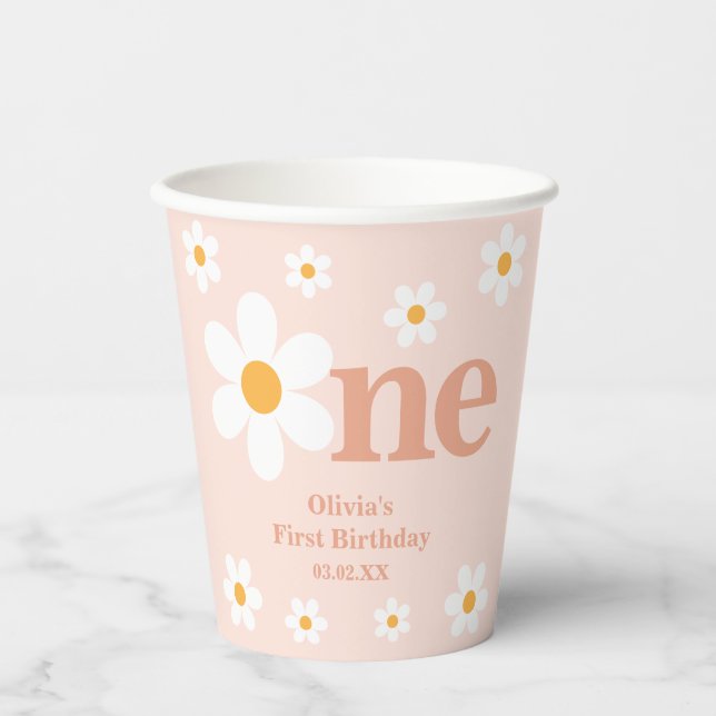 Spring Pink Daisy first birthday Paper Cups (Front)