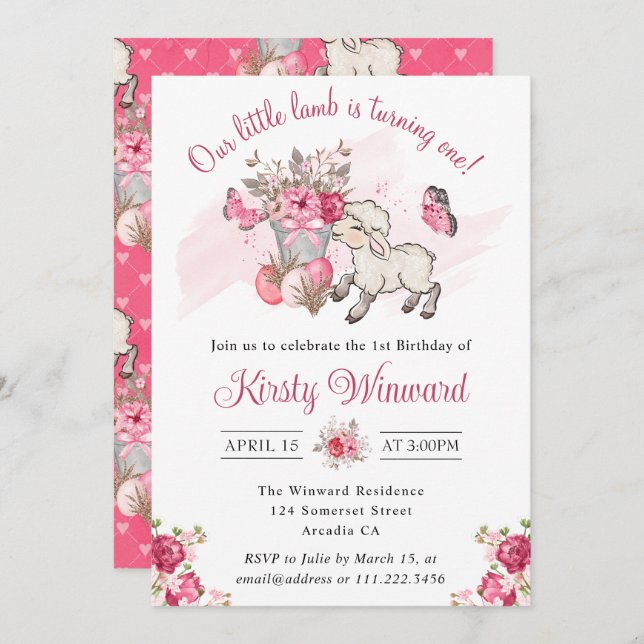 Spring Pink Floral Basket & Cute Lamb 1st Birthday Invitation (Front/Back)