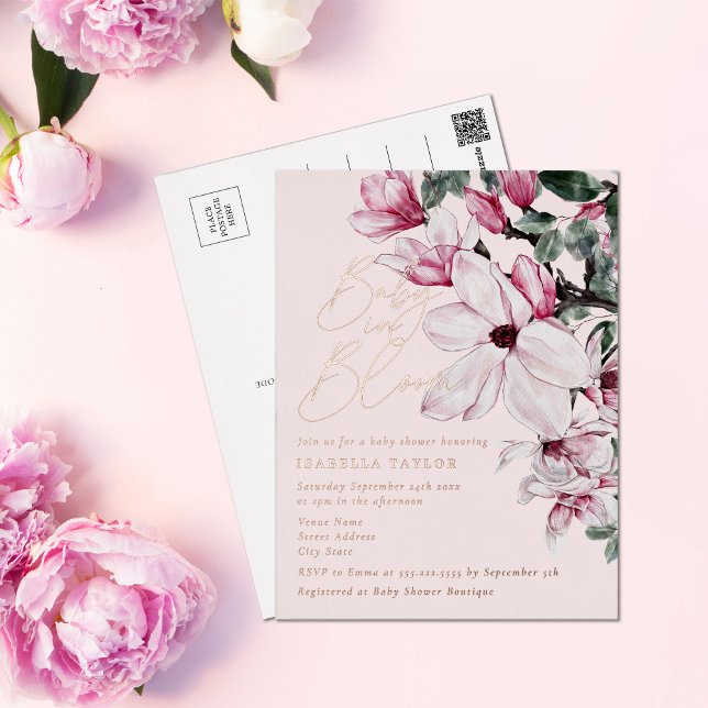 Spring Pink Floral Girl Rose Gold Baby Shower Foil Invitation Postcard (Creator Uploaded)