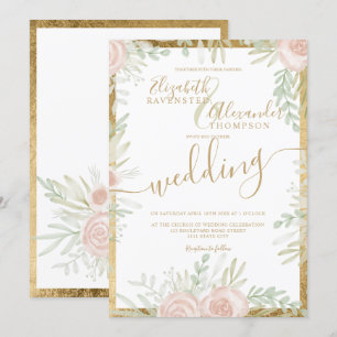 Spring Pink floral gold border chic white wedding Invitation