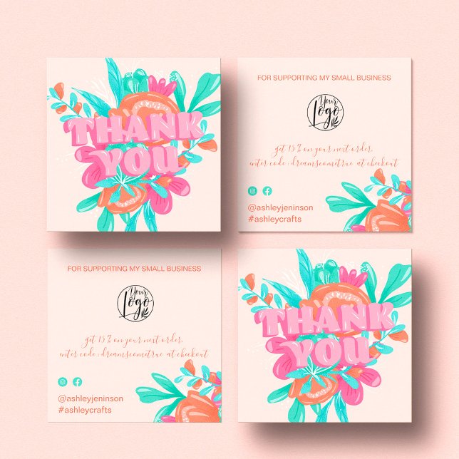 Spring pink floral retro script order thank you square business card (Creator Uploaded)