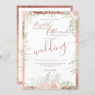 Spring Pink floral rose gold border white wedding Invitation