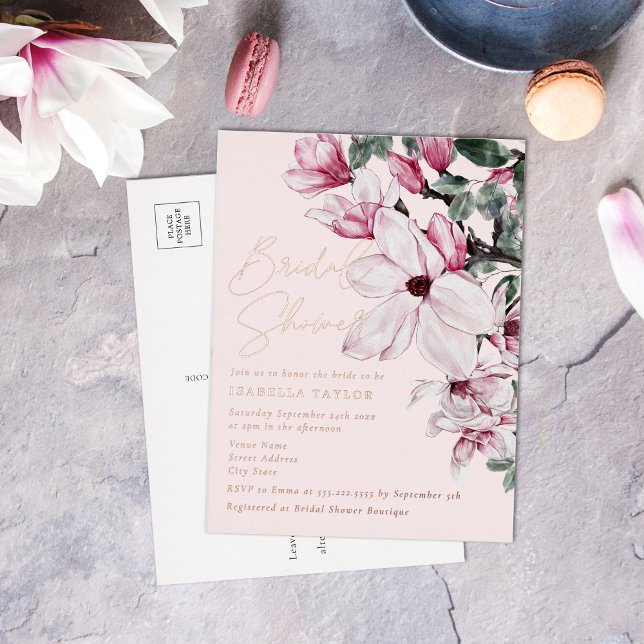 Spring Pink Floral Rose Gold Bridal Shower Foil Invitation Postcard (Creator Uploaded)