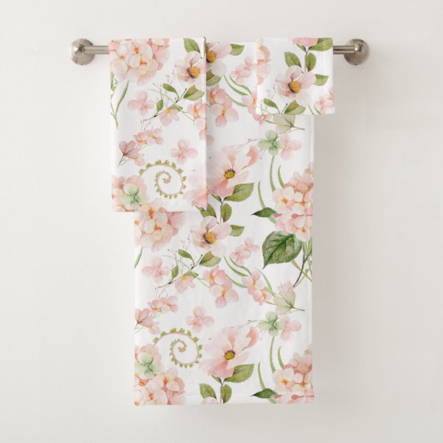 Spring pink hydrangea floral arrangement  bath towel set (Insitu)