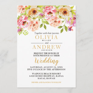 Spring Pink Orange Watercolor Flowers   Wedding Invitation