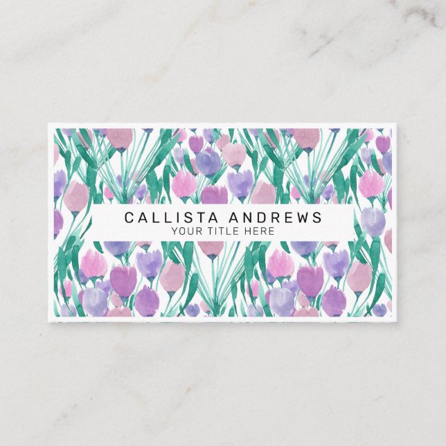 Spring Pink Purple Tulip Floral Watercolor Business Card (Front)