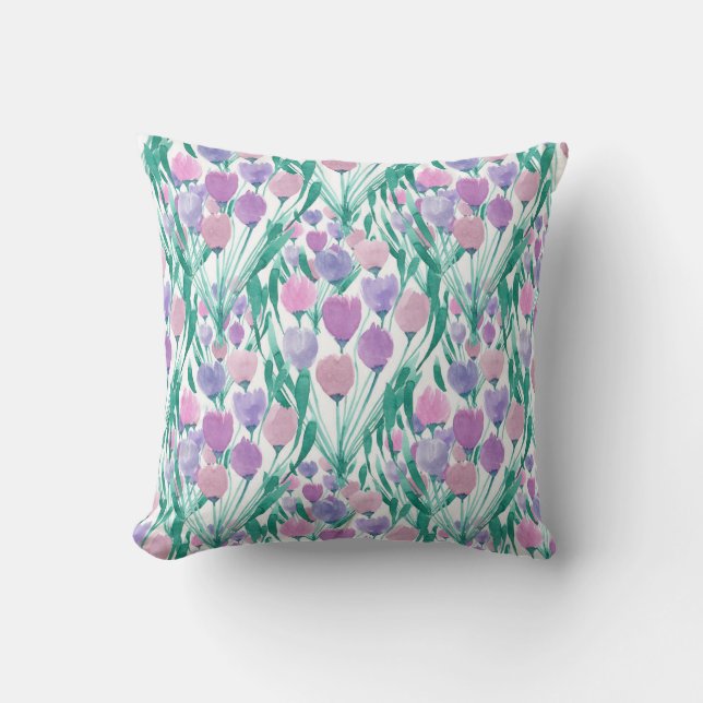 Spring Pink Purple Tulip Floral Watercolor Cushion (Front)