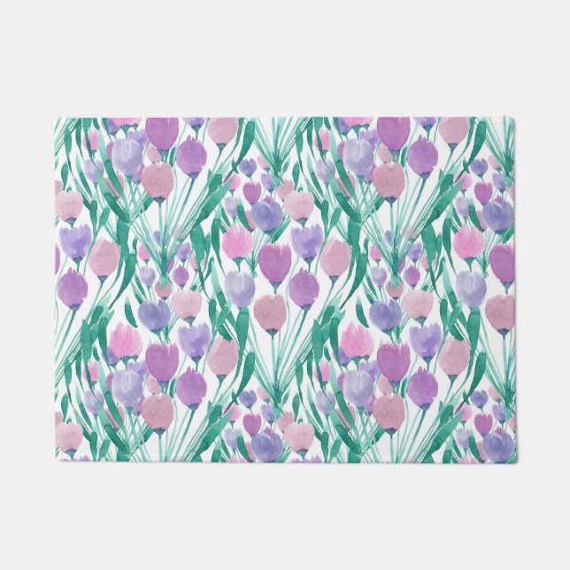 Spring Pink Purple Tulip Floral Watercolor Doormat (Front)