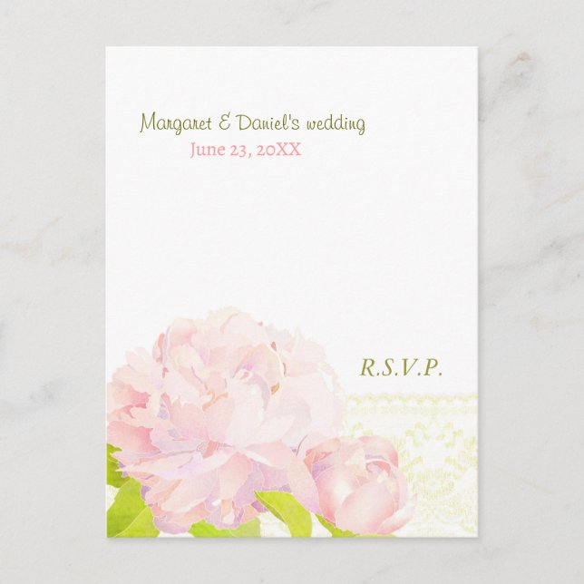 Spring Pink Romance Peony Wedding RSVP Invitation Postcard (Front)