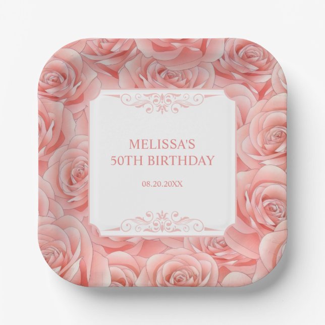 Spring Pink Roses Blossom Floral Birthday  Paper Plate (Front)