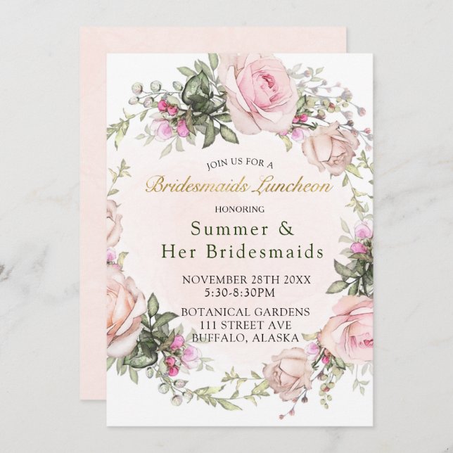 Spring Pink Roses Peony Bridesmaids Luncheon Invitation (Front/Back)