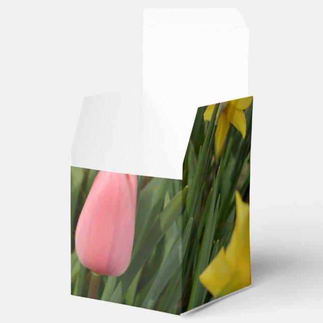 spring pink tulip and yellow daffodil flowers favour box (Opened)